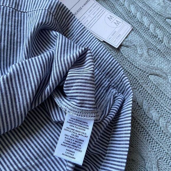 Navy Indigo Stripe Nautical Ruffle Embroidered Long Sleeve Cotton Office Blouse - Picture 13 of 13